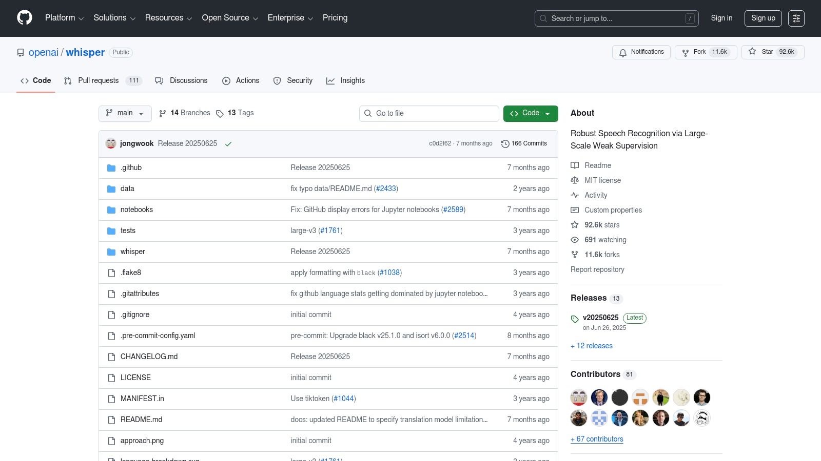 The open-source Whisper speech recognition project repository