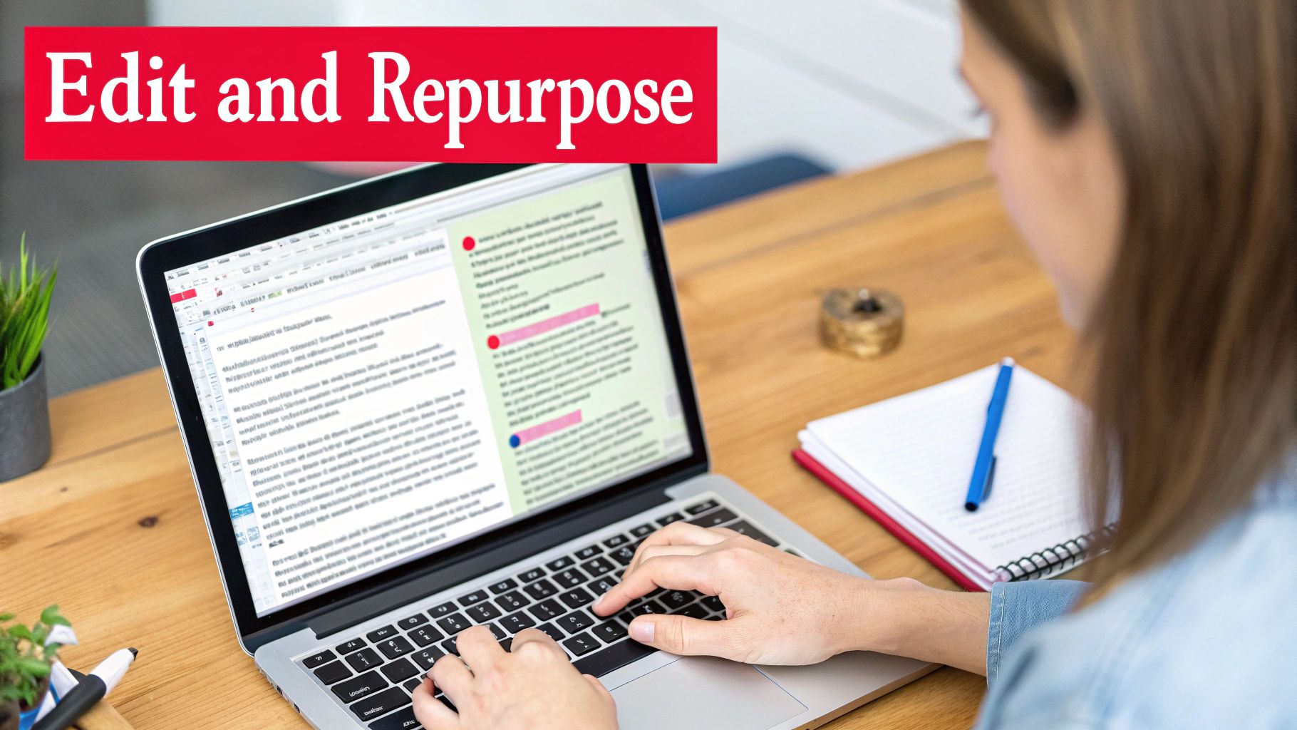 Person editing a transcript document on a laptop before translation