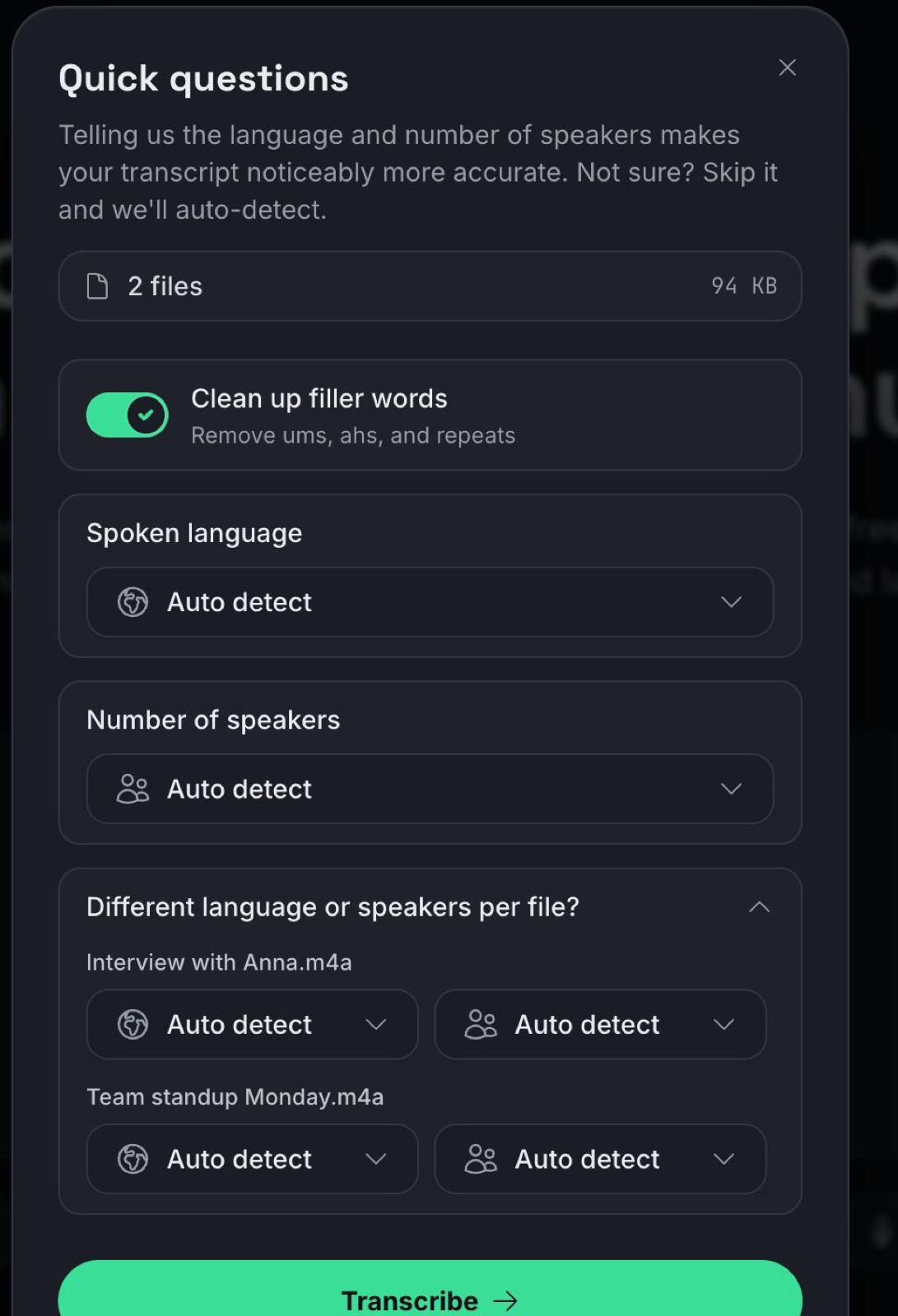 The upload options with a language and speaker count per file