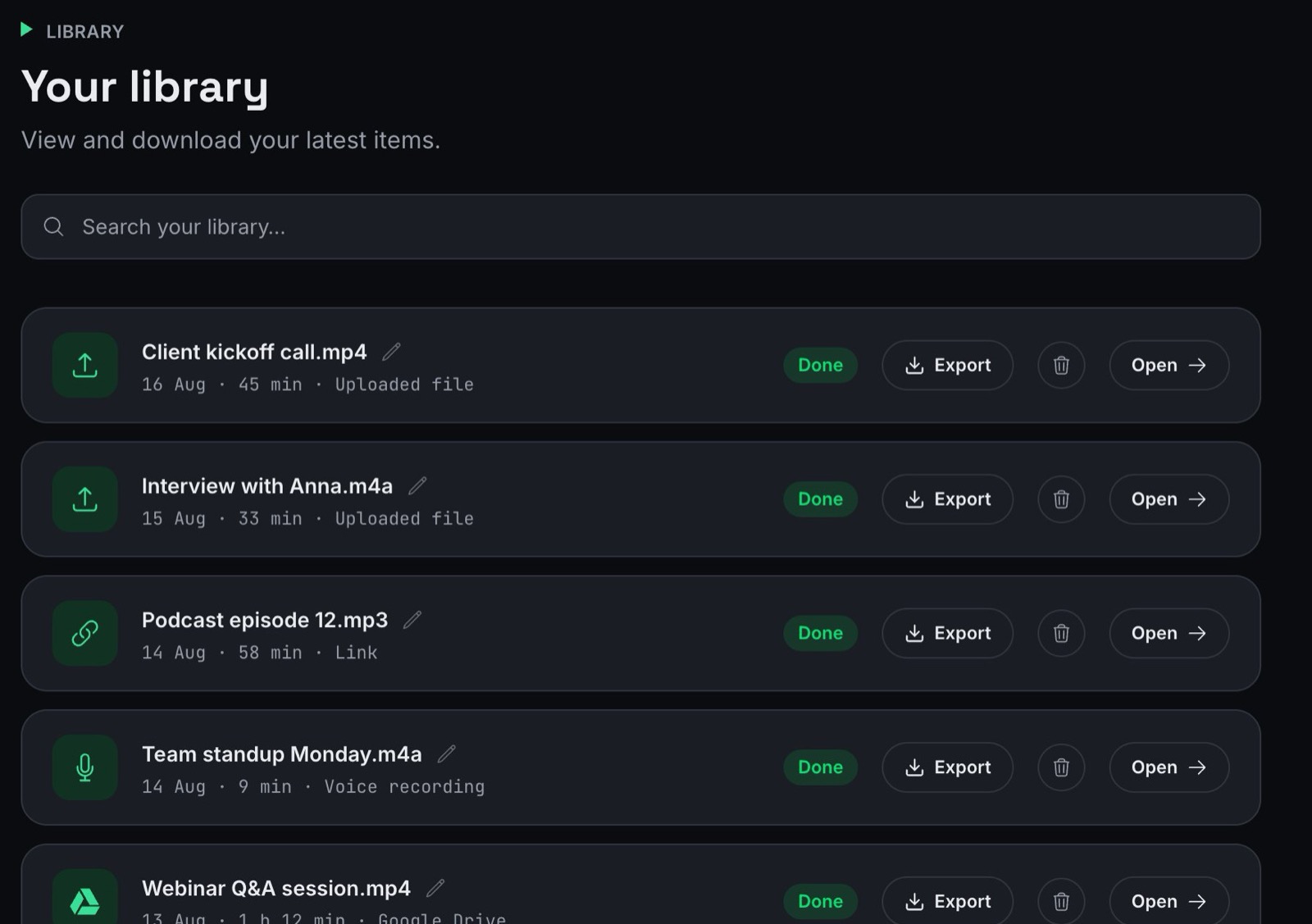 The FileToText library with search, rename, export and delete on every file