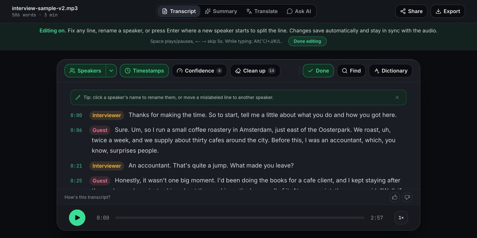 The transcript editor with editing on, speaker labels and the correction toolbar